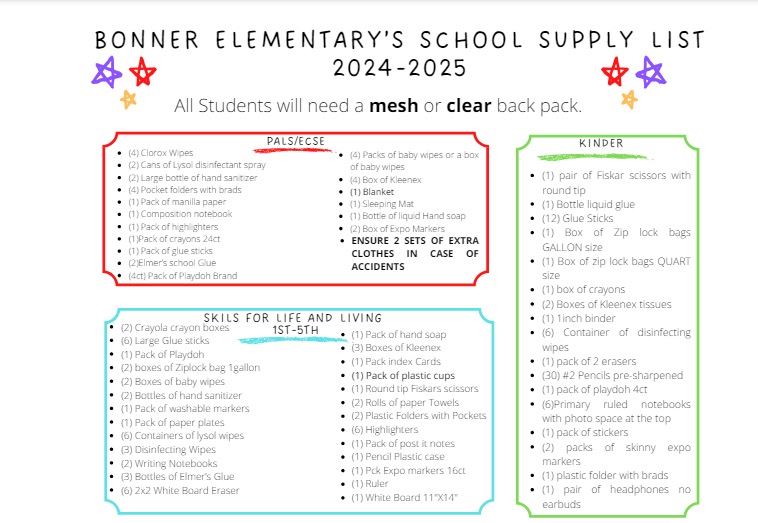 Supply List for Kindergarten, PALS and Life Skills